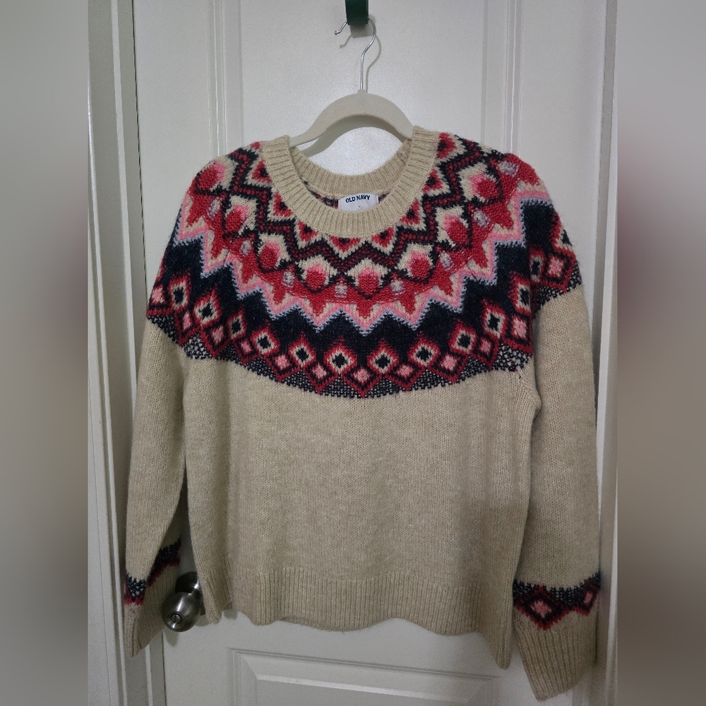 Old Navy Beige Sweater with Red, Pink, and Navy Pattern